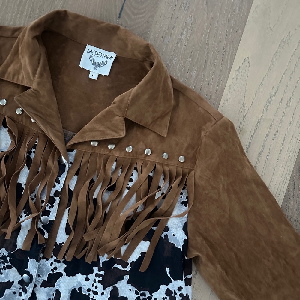 Cow Print Fringe Suede Studded Jacket - Picture 2 of 6